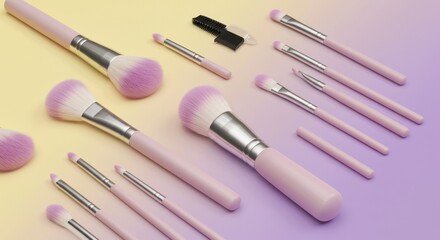 Pink Makeup Brush Set with Various Brushes and Tools on Colorful Background