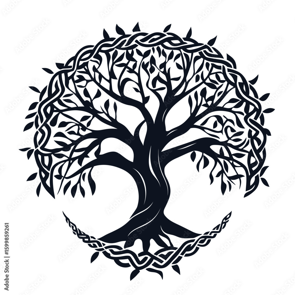 Poster intricate celtic tree of life vector design with stylized leaves and braided root and branch pattern