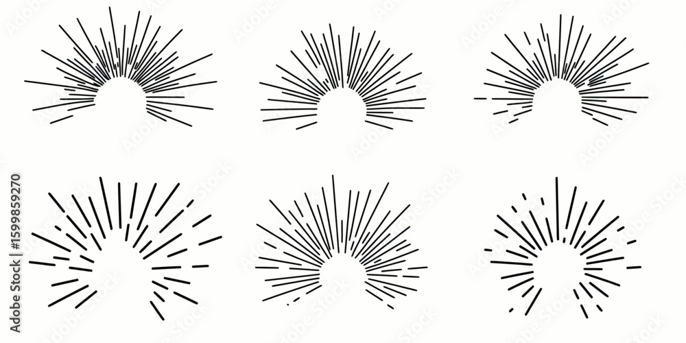 Poster set of six hand drawn half sunburst rays illustrations with various linear sunshine spark styles in 