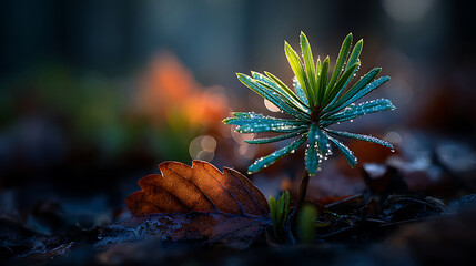 Dew kissed Sprout and Fallen Leaf in the Forest
