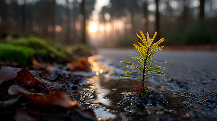 Tiny Sprout Emerging from Puddle at Sunrise