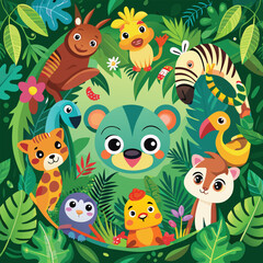 Fototapeta premium Funny cartoon animal vector set with cute baby birds, cats, dogs, and monster characters for a seamless zoo pattern design