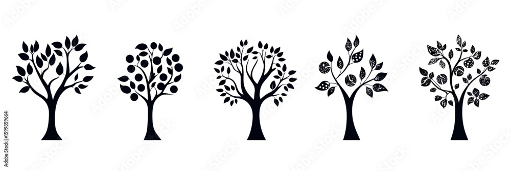 Poster black silhouette set of five abstract flat minimalist trees with various leaf shapes isolated on whi
