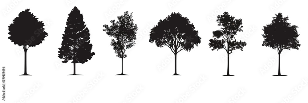 Poster set of six different tree silhouettes with unique shapes and dense foliage in minimalist black vecto