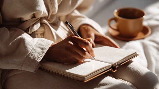 Person writing in a notebook, coffee nearby