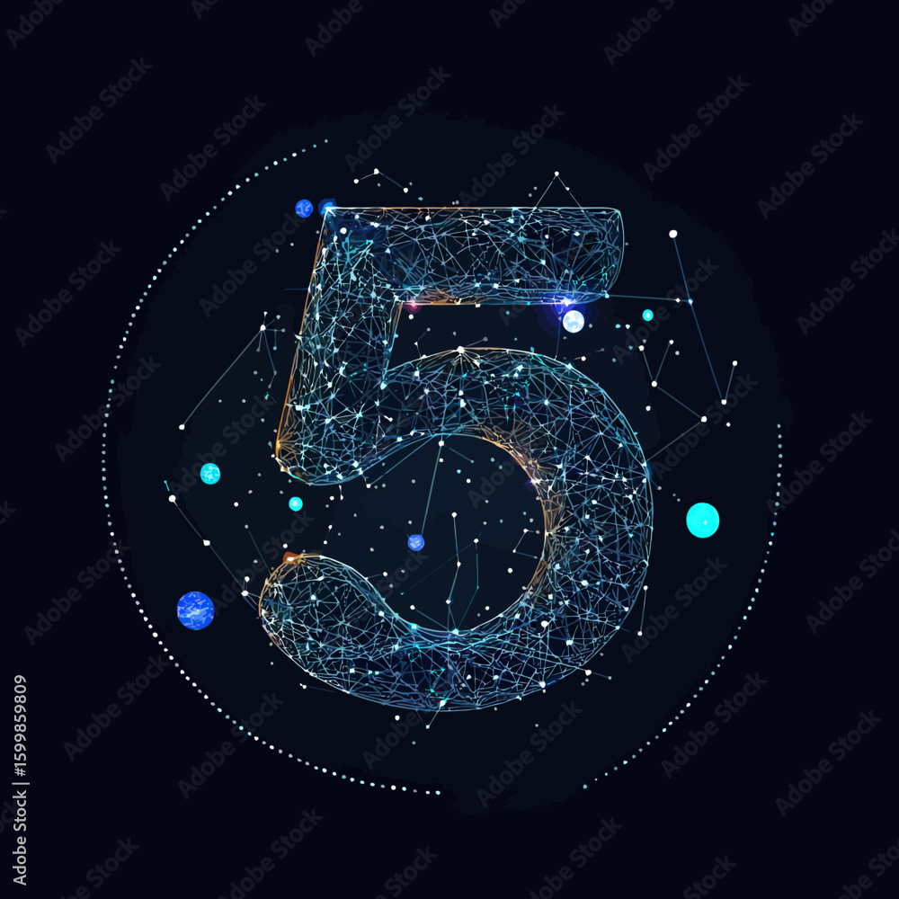 Poster abstract digital number five composed of connected glowing points and lines resembling constellation