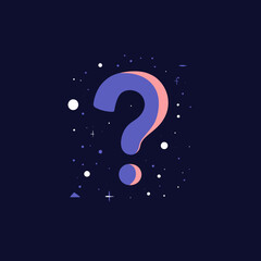 3D question mark symbol with glowing cosmic stars and dots on dark background conceptual illustration of inquiry and mystery in minimalist style