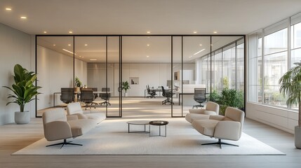 Modern open-plan office space with glass partitions and comfortable seating