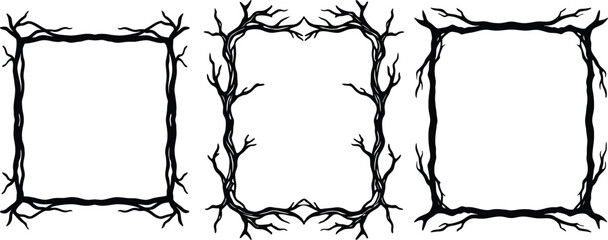 Vector art of three unique black and white square frames made from twisted tree branches and roots perfect for a spooky or rustic design