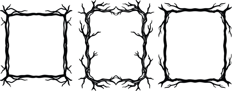 Vector art of three unique black and white square frames made from twisted tree branches and roots perfect for a spooky or rustic design