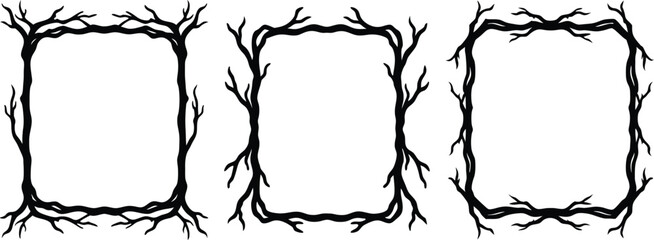 Vector art of three unique black and white square frames made from twisted tree branches and roots perfect for a spooky or rustic design