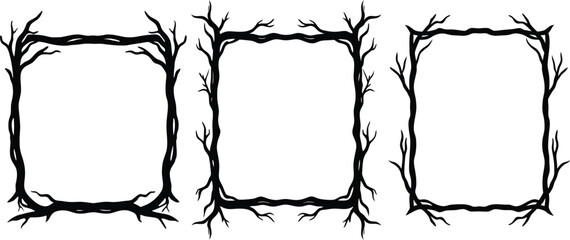 Vector art of three unique black and white square frames made from twisted tree branches and roots perfect for a spooky or rustic design