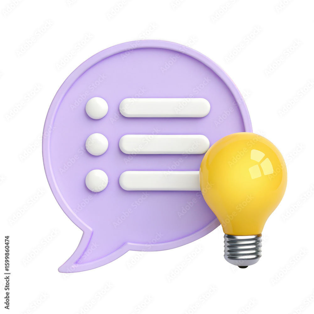 Poster 3d rendering of a purple speech bubble with checklist and bright yellow light bulb isolated on trans