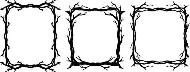 Vector art of three unique black and white square frames made from twisted tree branches and roots perfect for a spooky or rustic design