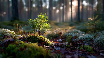 Young Pine Sprout in Forest Floor Sunlight