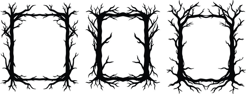 Vector art of three unique black and white square frames made from twisted tree branches and roots perfect for a spooky or rustic design