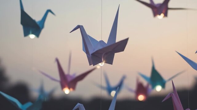 White paper origami crane bird flying peacefully on blurry background. August 6th. A memorial for peace and remembrance of victims of the war in Hiroshima on August 6th. Peace Memorial Day.