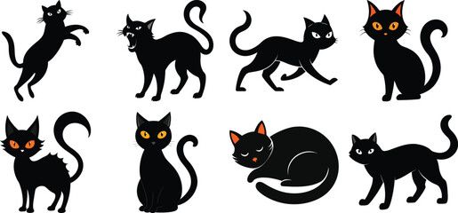 Vector art of a collection of eight stylized black cat illustrations each depicted in a different pose