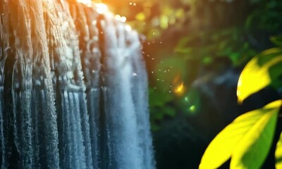 Magical waterfall glowing in golden sunlight, ideal for nature reels, travel vlogs, or inspirational backgrounds.4K high resolution video