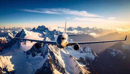 Airplane Flying Over Snowy Mountains.
