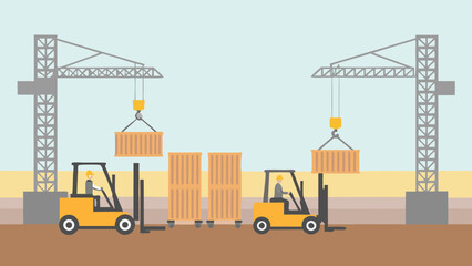 Illustration of cranes lifting containers with forklifts in a construction site environment scene