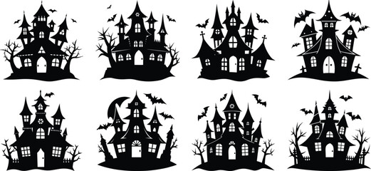 Vector art of a collection of eight distinct haunted house and castle silhouettes each featuring gothic architectural details bats and spooky