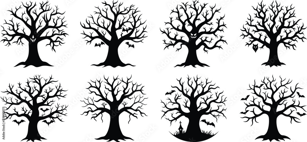 Wall mural vector art of a collection of eight silhouetted bare trees each with intricate branches and a spooky