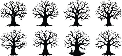 Vector art of a collection of eight silhouetted bare trees each with intricate branches and a spooky gnarled appearance some featuring bats