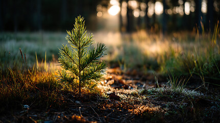Young Pine Tree in Sunrise Forest
