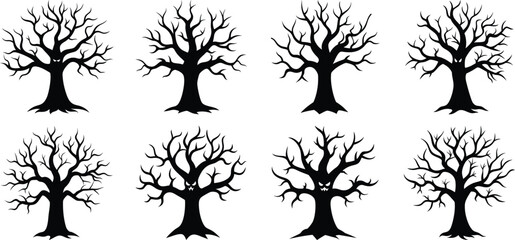 Vector art of a collection of eight silhouetted bare trees each with intricate branches and a spooky gnarled appearance some featuring bats