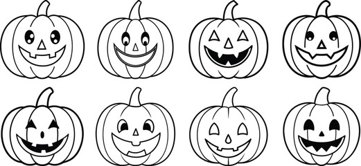 Vector art of a collection of eight outline drawings of pumpkins carved with various happy and smiling faces suitable for halloween crafts