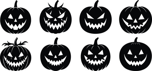 Vector art of a set of eight black silhouetted pumpkins carved with various scary and menacing faces perfect for halloween decorations