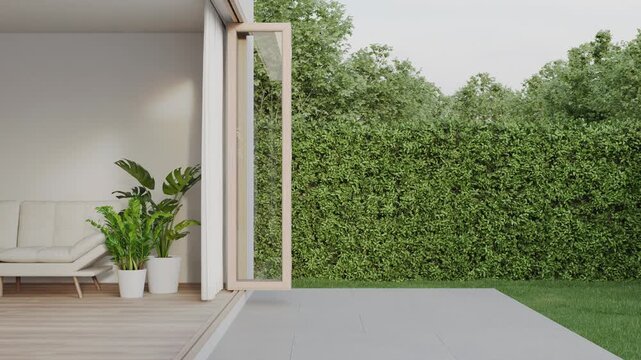 White living room with wood-framed glass doors open to garden. Modern house terrace 3d rendering.