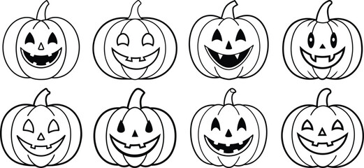 Vector art of a collection of eight outline drawings of pumpkins carved with various happy and smiling faces suitable for halloween crafts