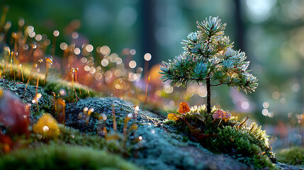Small Pine Tree Growing in Mossy Rock