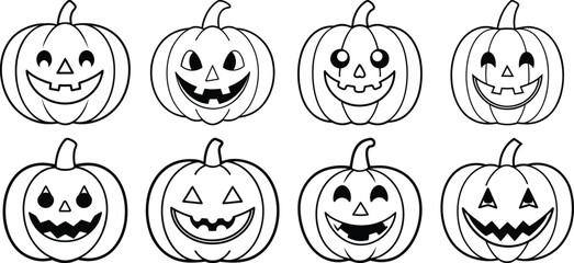 Vector art of a collection of eight outline drawings of pumpkins carved with various happy and smiling faces suitable for halloween crafts