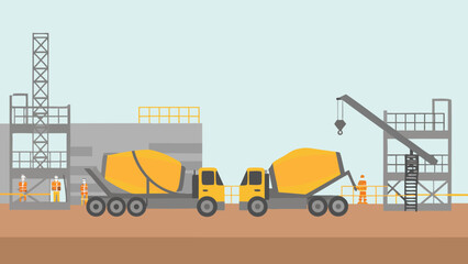 Illustration of a construction site with cement trucks and workers near scaffolding and a crane structure