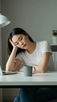 Overworked young Asian woman feeling tired and sleepy at her desk. Exhausted female freelancer or student experiencing burnout and fatigue while working from home.