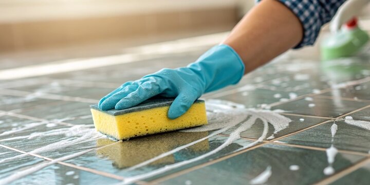 Close-up of Gloved Hand Cleaning Tiles with Sponge, Cleaning, Hygiene Cleaning, Home Maintenance