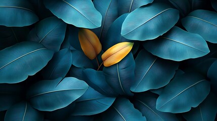 Artistic photo featuring a cluster of blue leaves with contrasting yellow foliage accent
