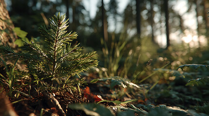 Young Pine Tree Sprout in Forest Floor Sunlight