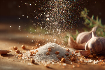 Culinary Symphony: Salt, Garlic, and Spice: A close-up shot captures the artistry of culinary preparation. Fine grains of salt cascade gracefully.