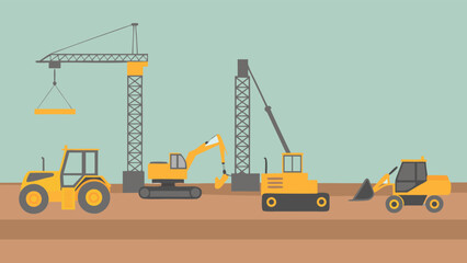 Illustration of construction site with crane, excavator, and other heavy machinery in yellow color