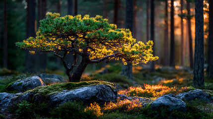 Golden Sunlight on a Bonsai Pine Tree in Forest