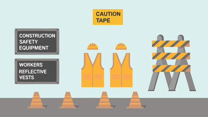 Illustration of construction safety equipment including cones vests hard hats and caution tape sign