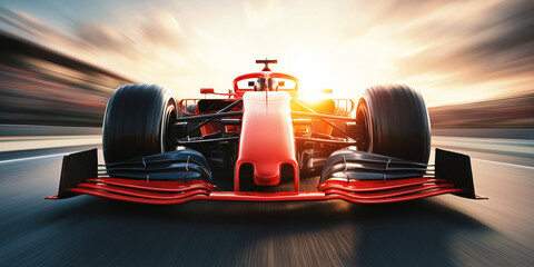 front view of fast red f1 car on track