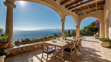 Patio of mediterranean villa in French Riviera with wicker furniture