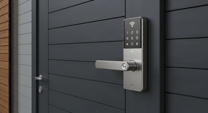 Modern smart door lock with keypad and lever handle on a dark gray exterior door. Close-up of a contemporary home security system with various modern building materials.