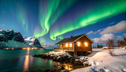 Aurora Borealis over Cozy Cabin.
