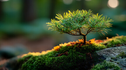 Small Pine Bonsai Tree on Mossy Rock